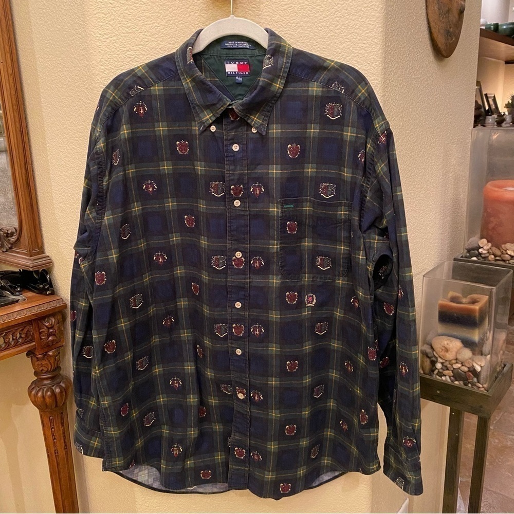 Vintage TOMMY HILFIGER Men Plaid Graphic Button Long Sleeve Shirt Size XL